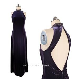 Vintage Velvet Maxi Dress Evening Gown 12 Purple 90s Y2K Stretch Bead Formal